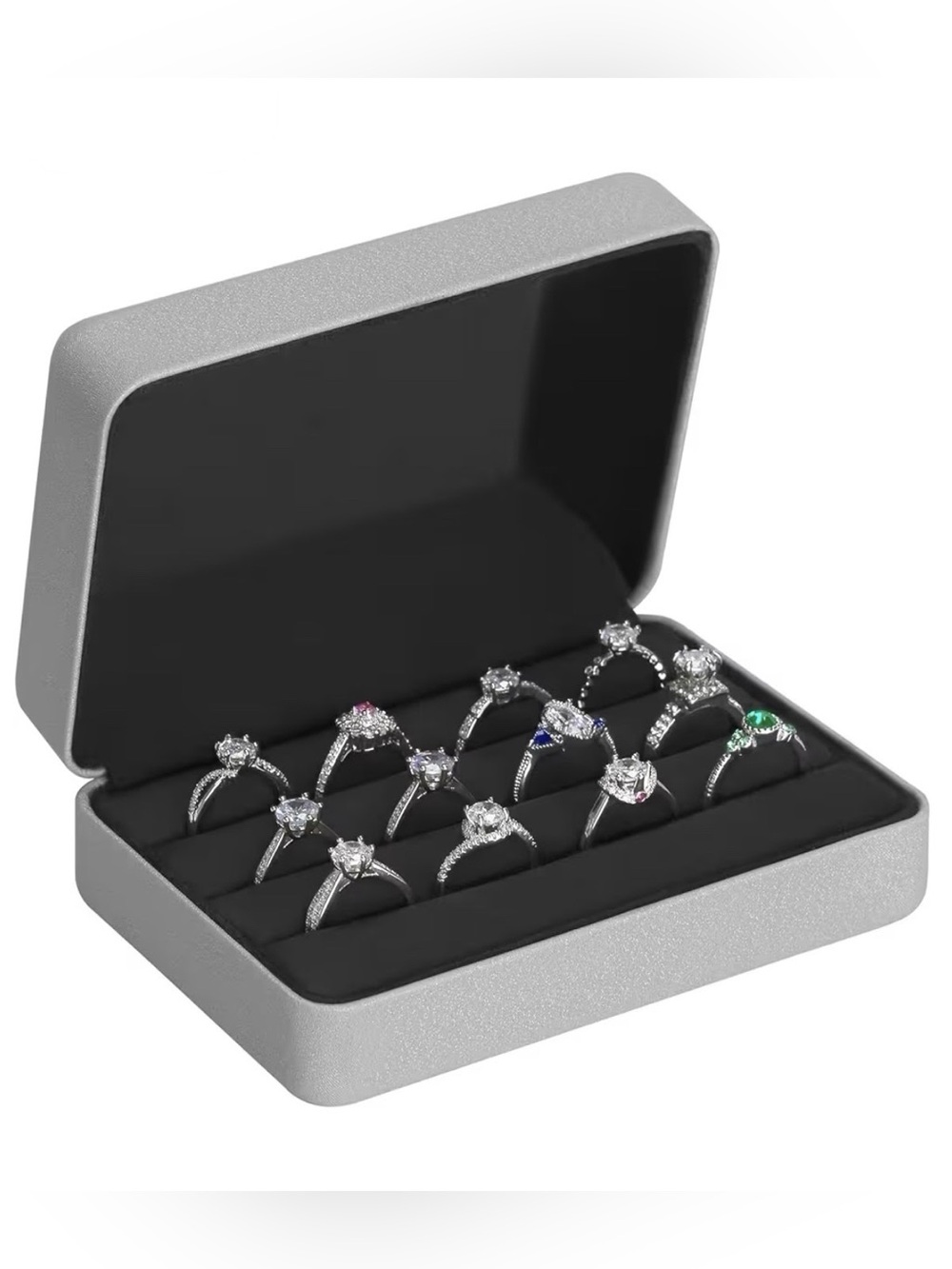 KULUVR Velvet Ring Storage Box in Silver for Travel and Storage with 3 Rows